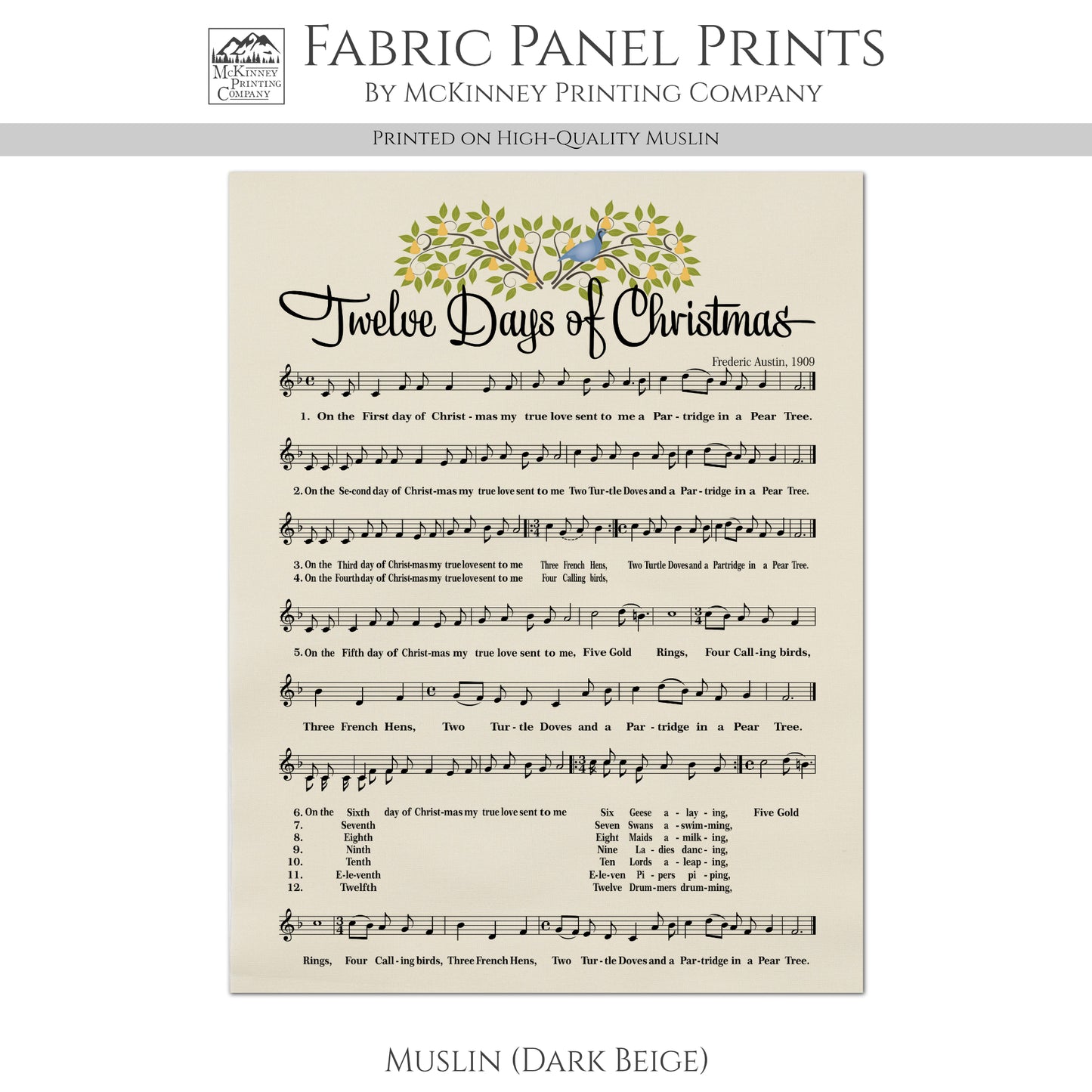 12 Days of Christmas - Christian Fabric Panel, Hymn Wall Art, Sheet Music, Lyrics, Quilting, Quilt, Wall Art, Cotton, Canvas