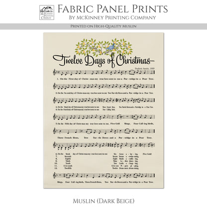 12 Days of Christmas - Christian Fabric Panel, Hymn Wall Art, Sheet Music, Lyrics, Quilting, Quilt, Wall Art, Cotton, Canvas