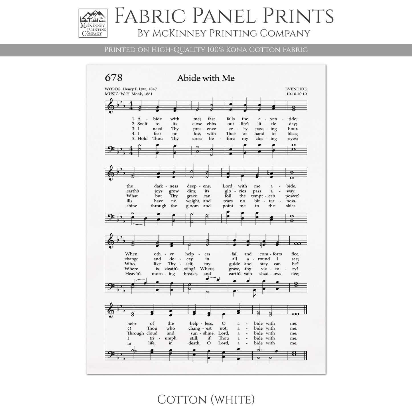 Abide With Me - Christian Fabric, Religious, Hymn Wall Art, Vintage Sheet Music, Quilting, Quilt, Cotton, Sewing, Cotton
