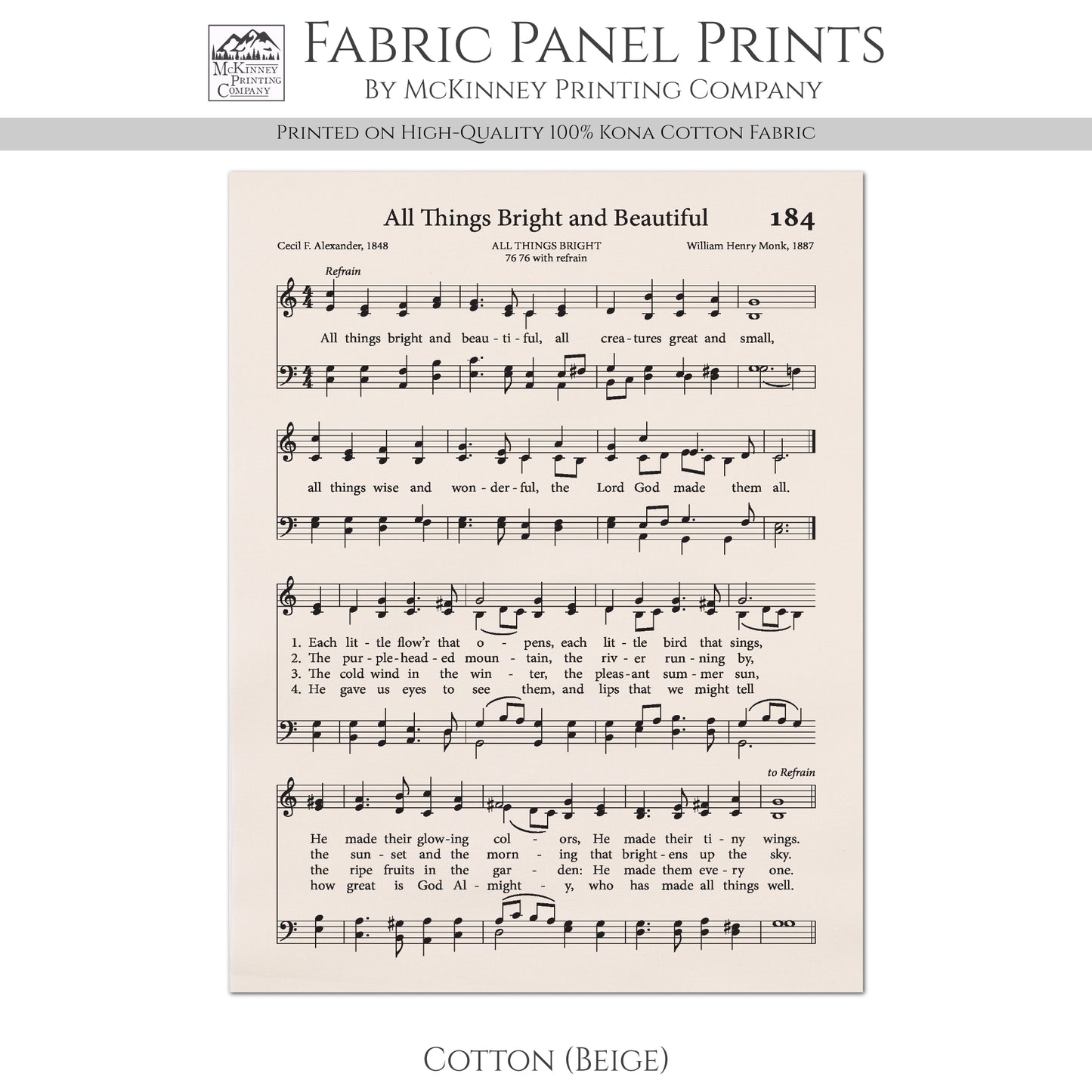 All Things Bright and Beautiful - Christian Fabric, Hymn Wall Art, Antique Sheet Music, Lyrics, Quilting