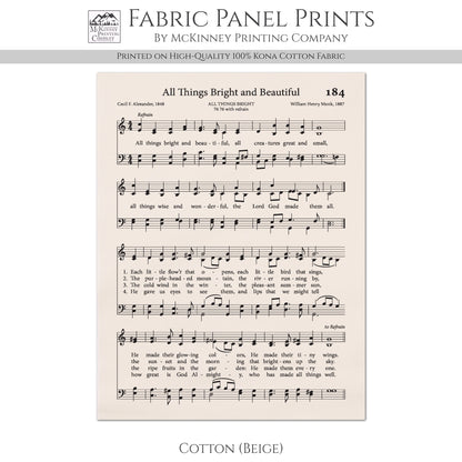 All Things Bright and Beautiful - Christian Fabric, Hymn Wall Art, Antique Sheet Music, Lyrics, Quilting