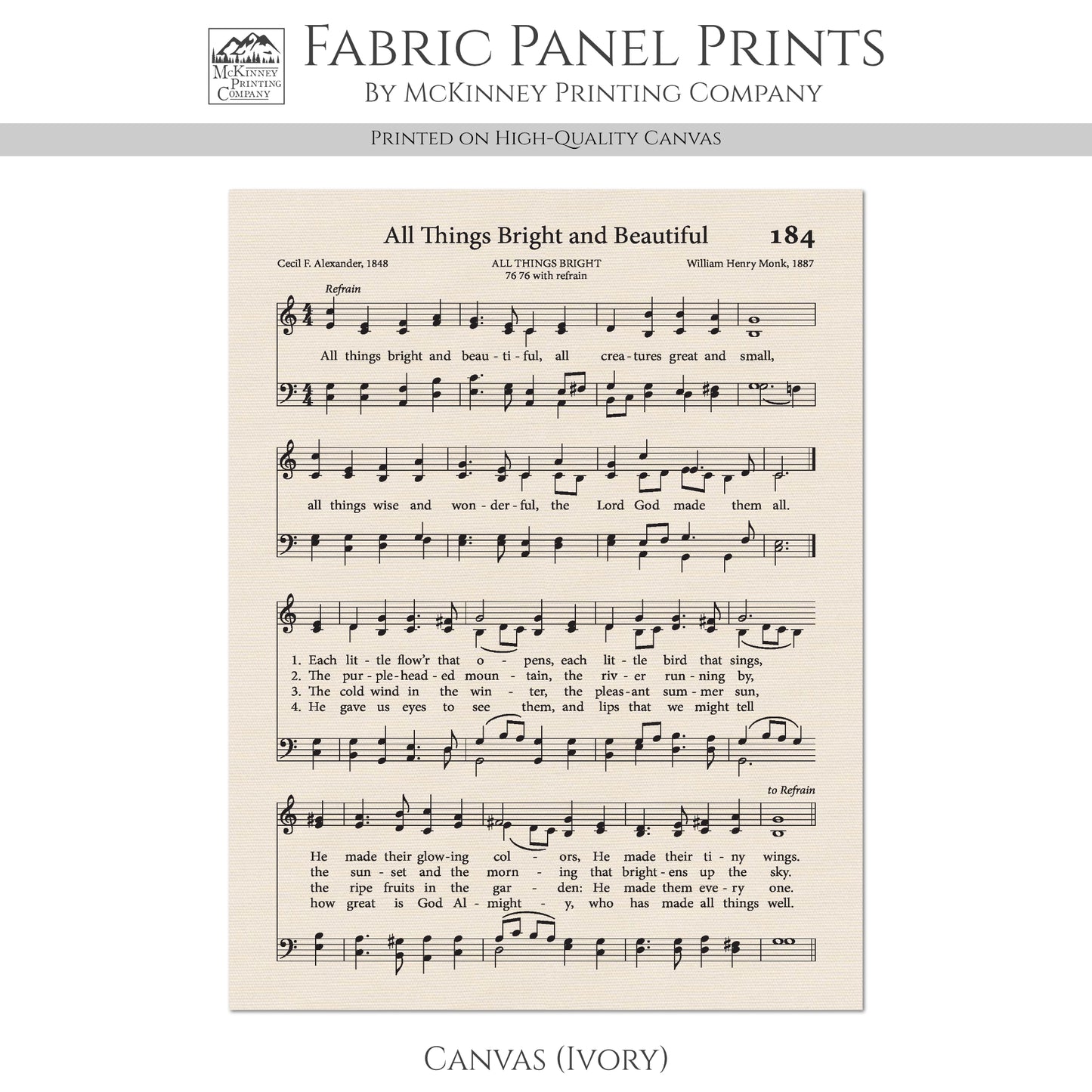 All Things Bright and Beautiful - Christian Fabric, Hymn Wall Art, Antique Sheet Music, Lyrics, Quilting