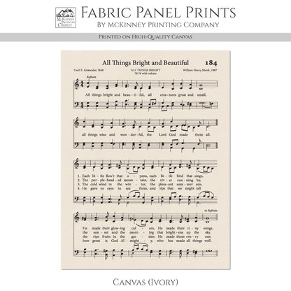 All Things Bright and Beautiful - Christian Fabric, Hymn Wall Art, Antique Sheet Music, Lyrics, Quilting