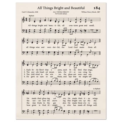 All Things Bright and Beautiful - Christian Fabric, Hymn Wall Art, Antique Sheet Music, Lyrics, Quilting