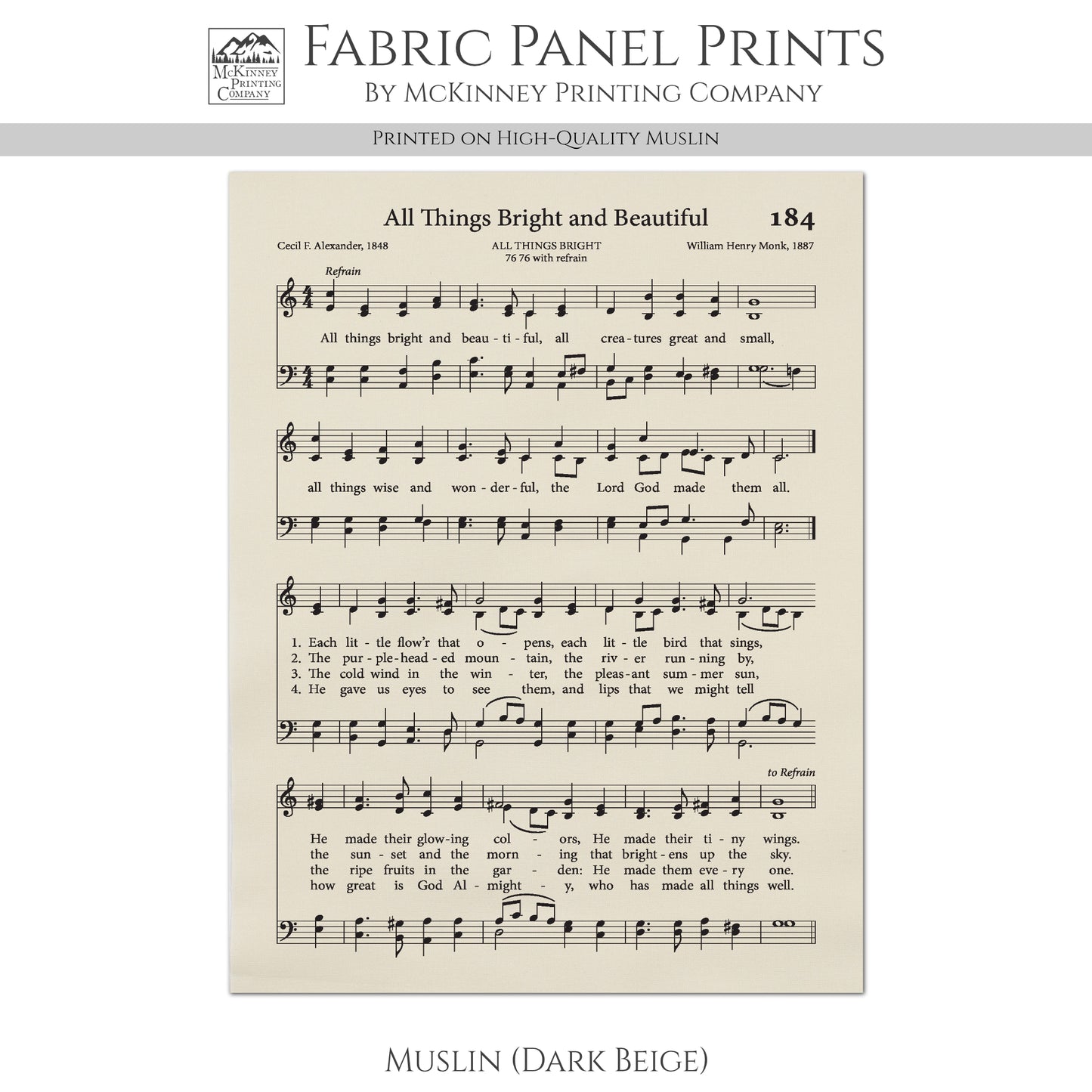 All Things Bright and Beautiful - Christian Fabric, Hymn Wall Art, Antique Sheet Music, Lyrics, Quilting