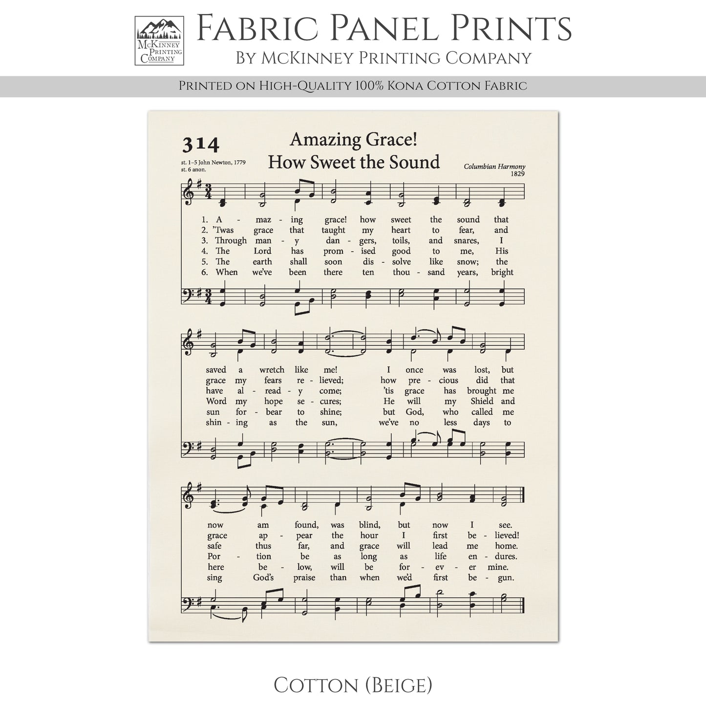 Amazing Grace - Christian Fabric, Religious, Hymn Wall Art, Vintage Sheet Music, Choral, Piano, Quilting, Quilt, Cotton, Sewing, Cotton
