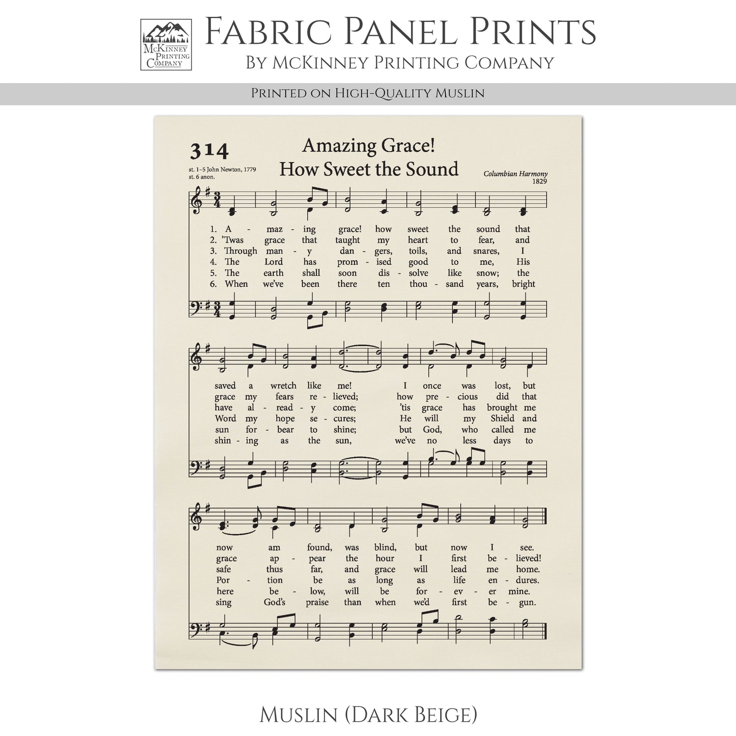 Amazing Grace - Christian Fabric, Religious, Hymn Wall Art, Vintage Sheet Music, Choral, Piano, Quilting, Quilt, Cotton, Sewing, Cotton