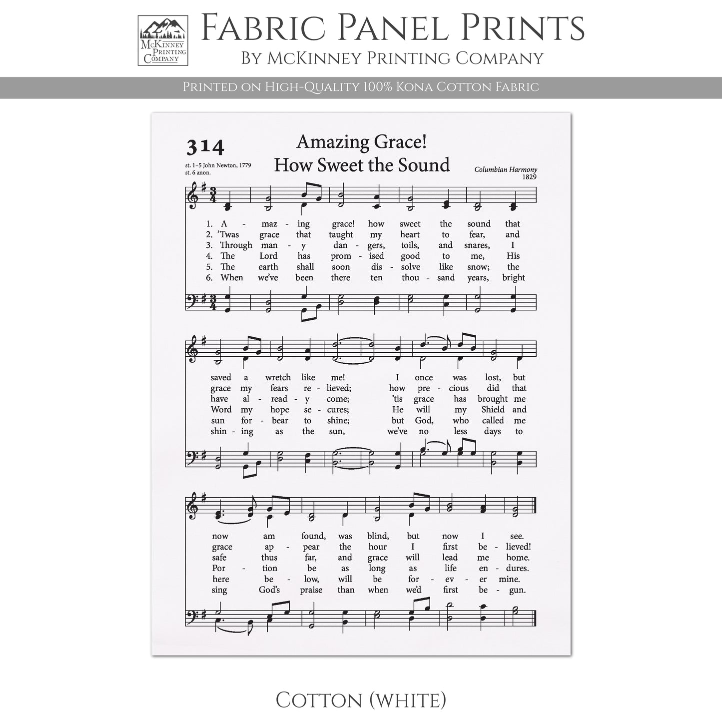 Amazing Grace - Christian Fabric, Religious, Hymn Wall Art, Vintage Sheet Music, Choral, Piano, Quilting, Quilt, Cotton, Sewing, Cotton