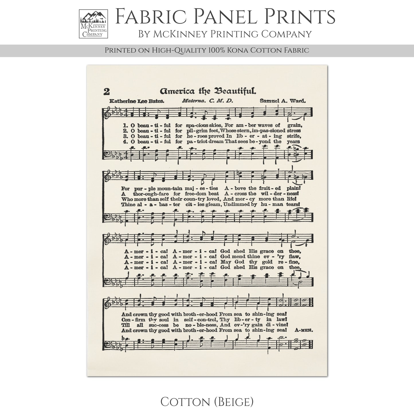 America The Beautiful - Patriotic Fabric, Americana Fabric, Quilts of Valor, Vintage Sheet Music, Block Print, Veteran, Quilting