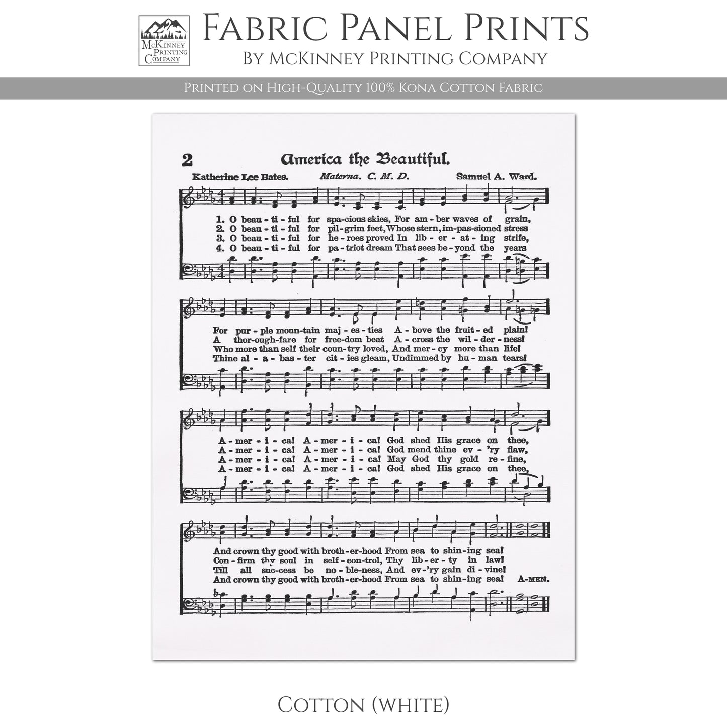 America The Beautiful - Patriotic Fabric, Americana Fabric, Quilts of Valor, Vintage Sheet Music, Block Print, Veteran, Quilting