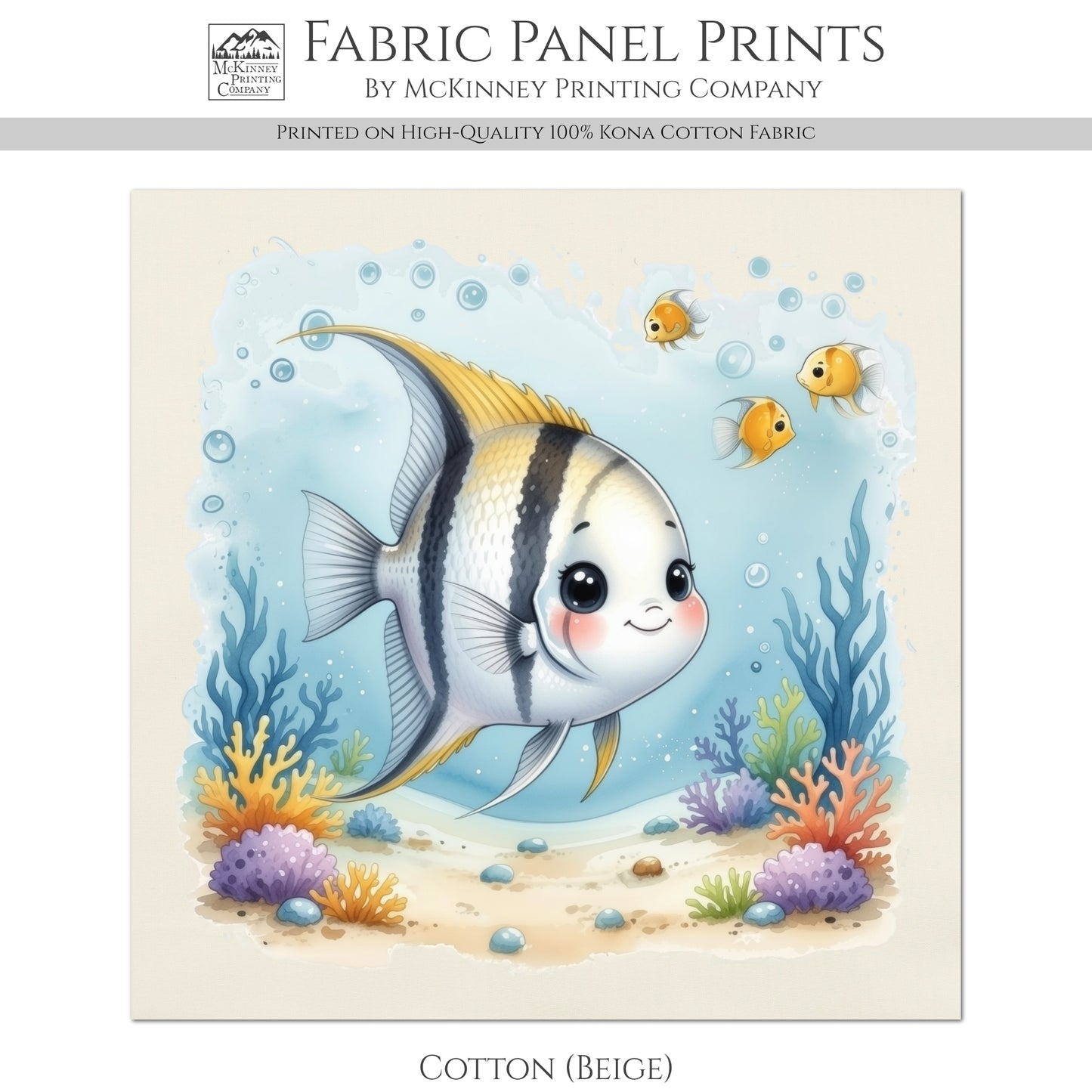 Ocean Fabric - Angelfish, Baby Fabric Panels, Sea, Boy, Blanket, Nursery Décor, Quilt Block, Cotton, Quilting