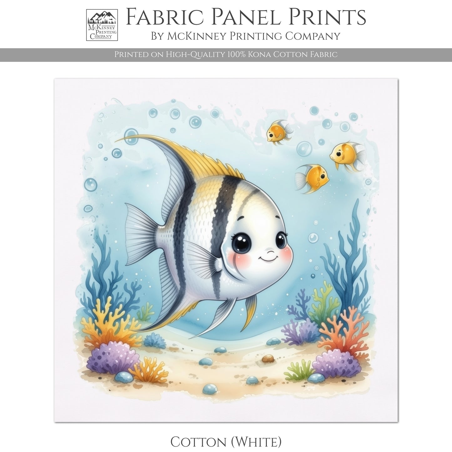 Ocean Fabric - Angelfish, Baby Fabric Panels, Sea, Boy, Blanket, Nursery Décor, Quilt Block, Cotton, Quilting