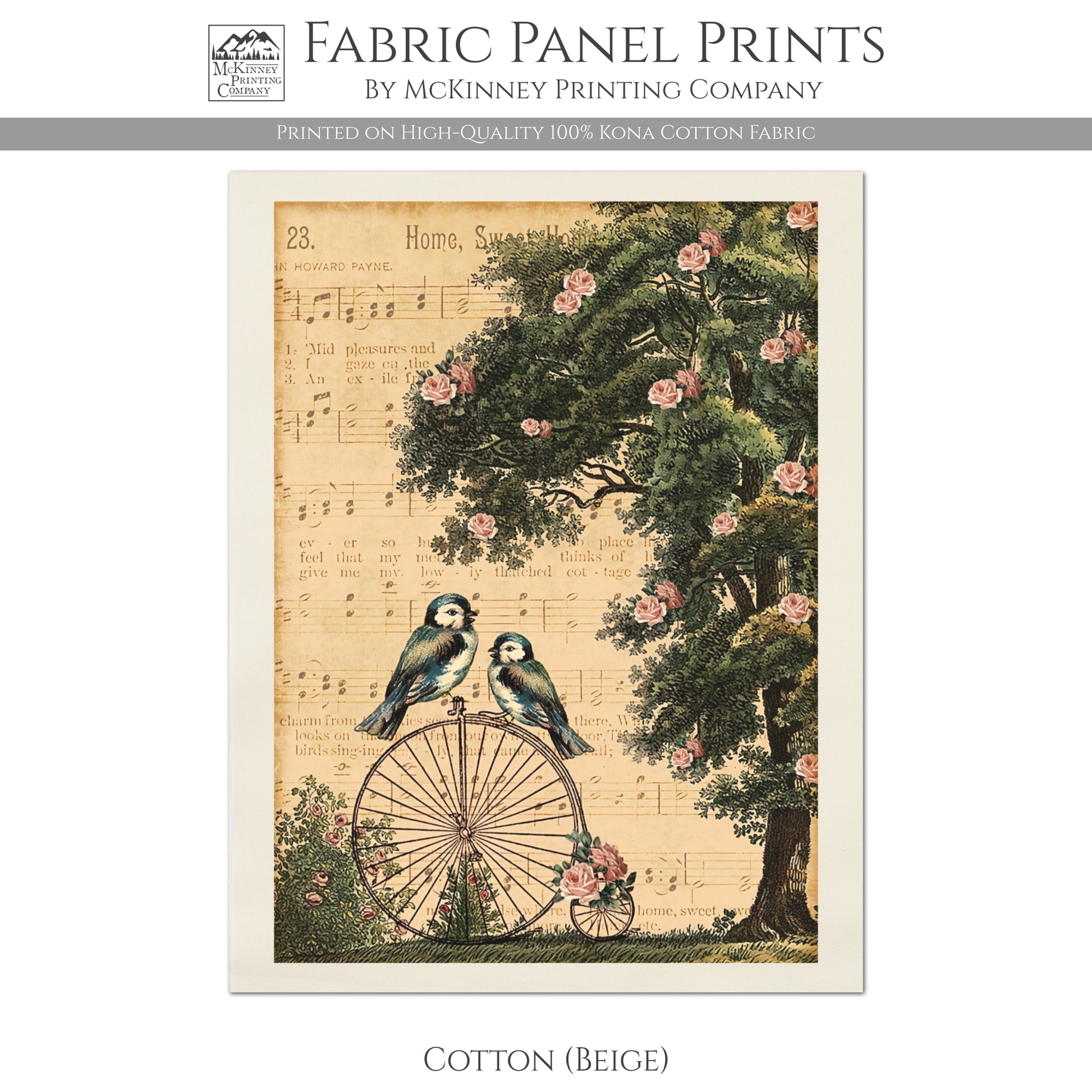 Shabby Chic Fabric, Birds under tree with roses on Victorian Bike - Kona Cotton Fabric