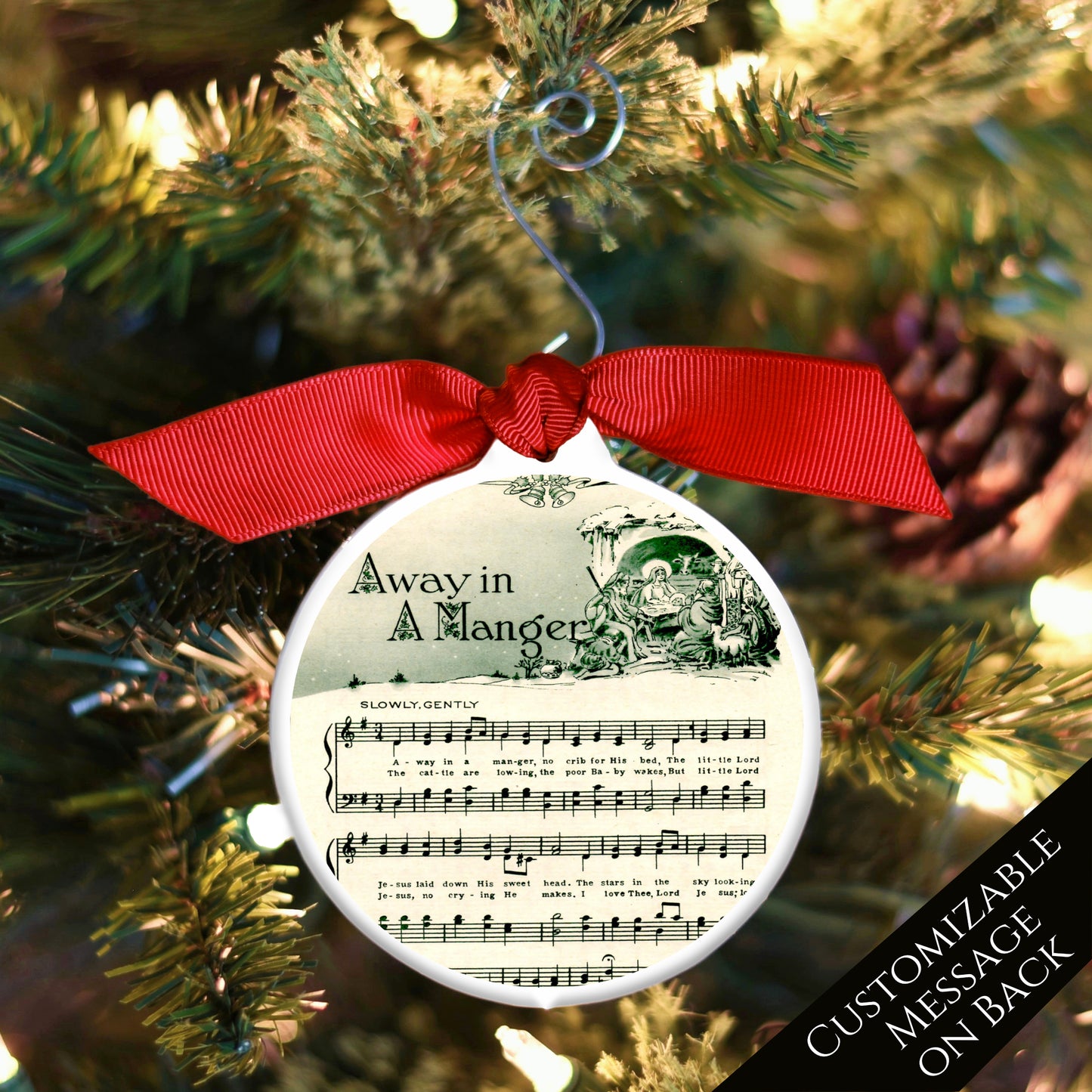Away in a Manger, Vintage Sheet Music - Christmas Ornament with Personalized Message on the Back