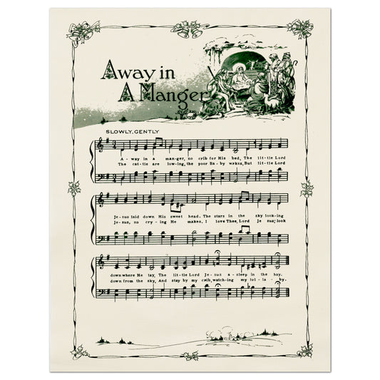 Away in a Manger Sheet Music, Fabric Panel Print, Christmas, DIY Sewing Project, Quilt Block, Craft