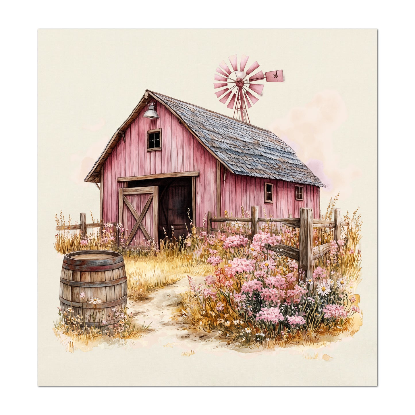 Barn Fabric - Western Fabric, Cowgirl, Floral, Farm, Pink, Rodeo, Ranch, Wall Art, Large Print, Crafts, Quilt, Block Print Fabric, Quilting, Sewing