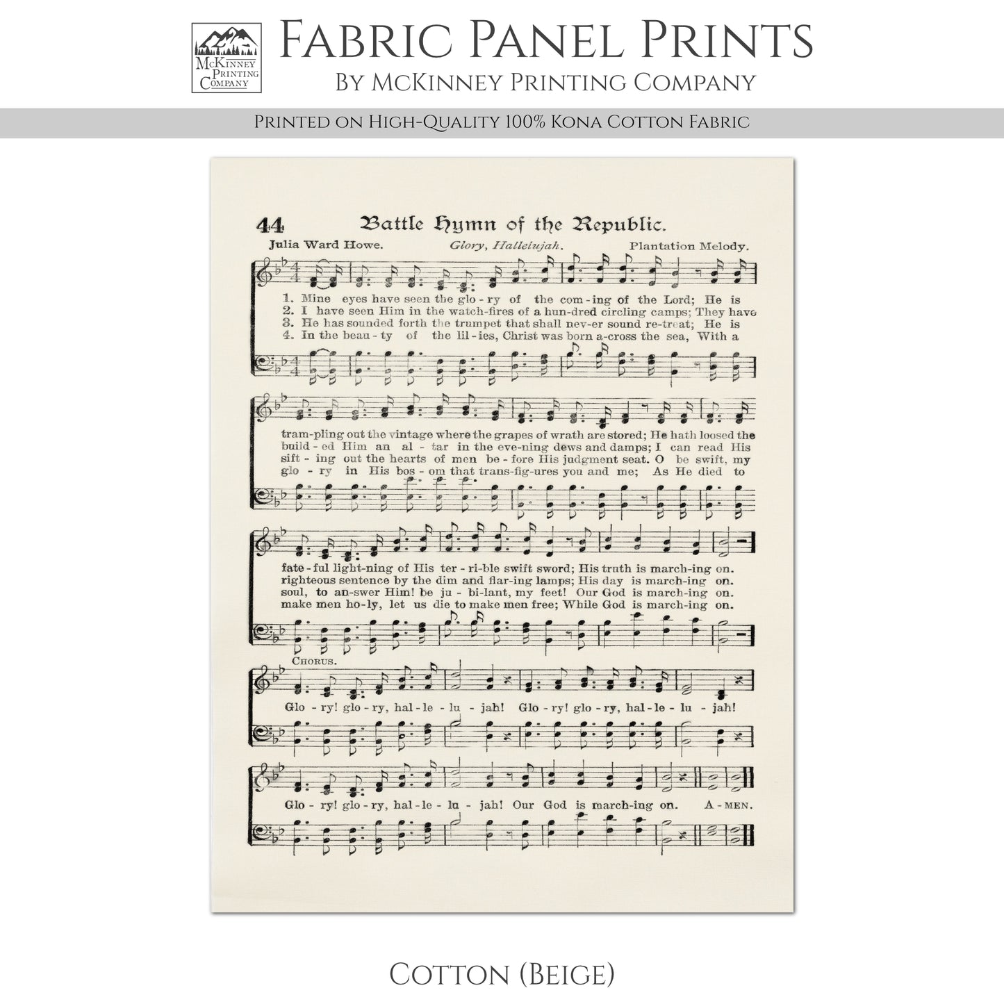 Battle Hymn of the Republic - Patriotic Fabric, Americana Fabric, Quilts of Valor, Vintage Sheet Music, Block Print, Veteran, Quilting