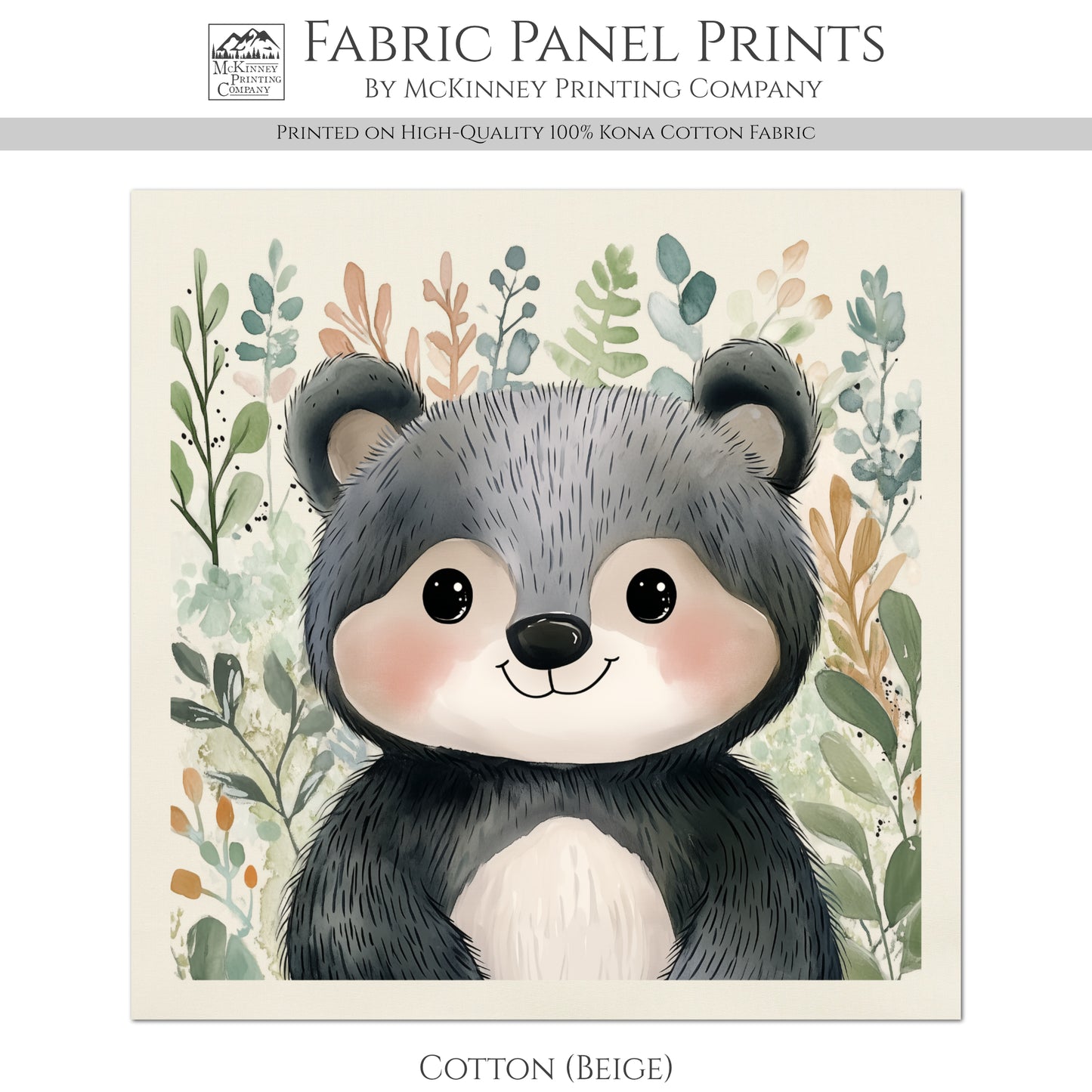 Woodland Animal Fabric - Bear Fabric, Baby Fabric Panels, Forest, Nursery Décor, Quilt Block, Wall Art, Cotton, Quilting