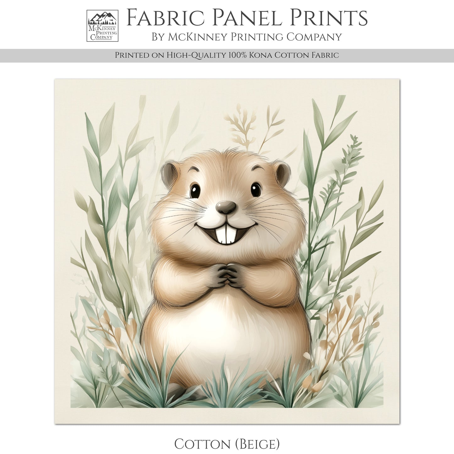 Beaver - Woodland Animal Fabric, Baby Fabric Panels, Forest, Nursery Décor, Quilt Block, Wall Art, Cotton, Quilting