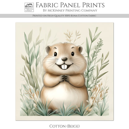 Beaver - Woodland Animal Fabric, Baby Fabric Panels, Forest, Nursery Décor, Quilt Block, Wall Art, Cotton, Quilting