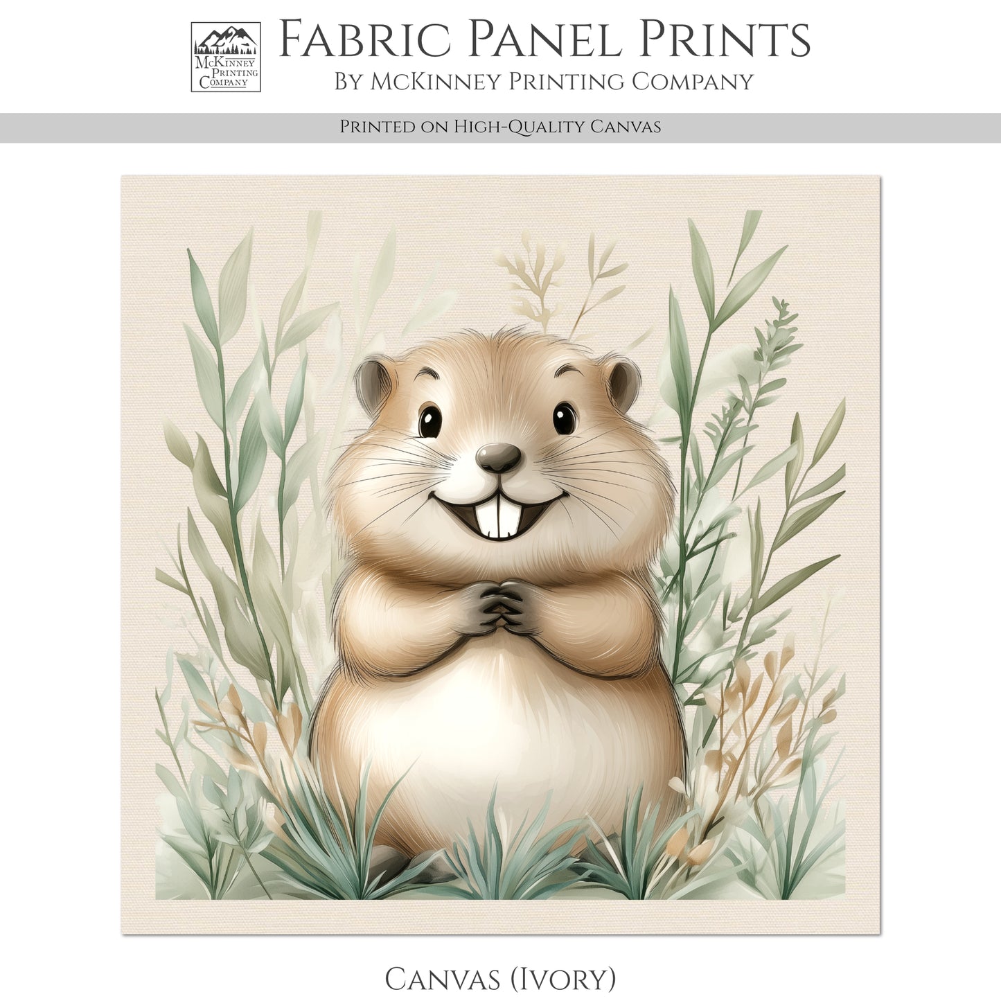 Beaver - Woodland Animal Fabric, Baby Fabric Panels, Forest, Nursery Décor, Quilt Block, Wall Art, Cotton, Quilting