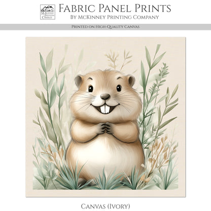 Beaver - Woodland Animal Fabric, Baby Fabric Panels, Forest, Nursery Décor, Quilt Block, Wall Art, Cotton, Quilting
