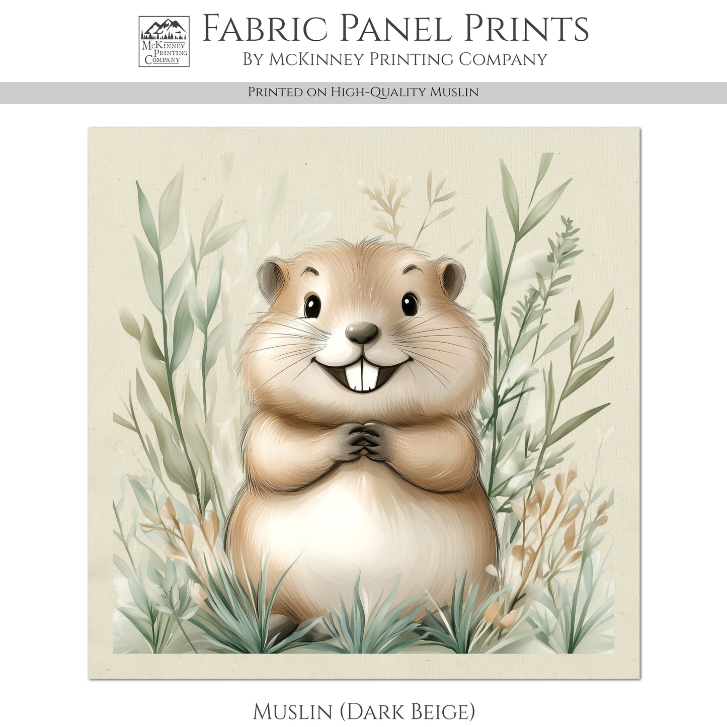 Beaver - Woodland Animal Fabric, Baby Fabric Panels, Forest, Nursery Décor, Quilt Block, Wall Art, Cotton, Quilting