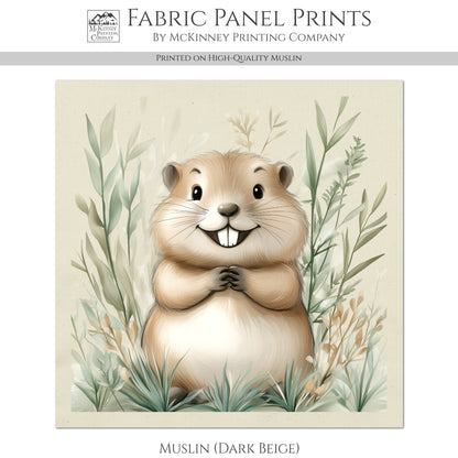 Beaver - Woodland Animal Fabric, Baby Fabric Panels, Forest, Nursery Décor, Quilt Block, Wall Art, Cotton, Quilting