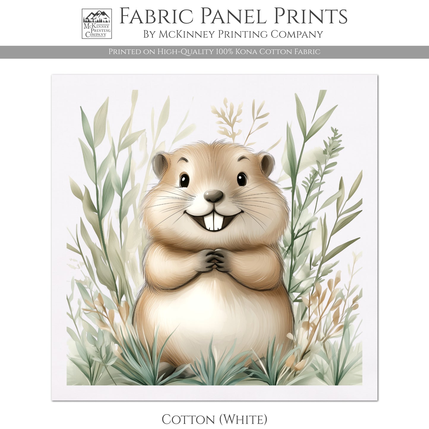 Beaver - Woodland Animal Fabric, Baby Fabric Panels, Forest, Nursery Décor, Quilt Block, Wall Art, Cotton, Quilting