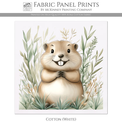 Beaver - Woodland Animal Fabric, Baby Fabric Panels, Forest, Nursery Décor, Quilt Block, Wall Art, Cotton, Quilting