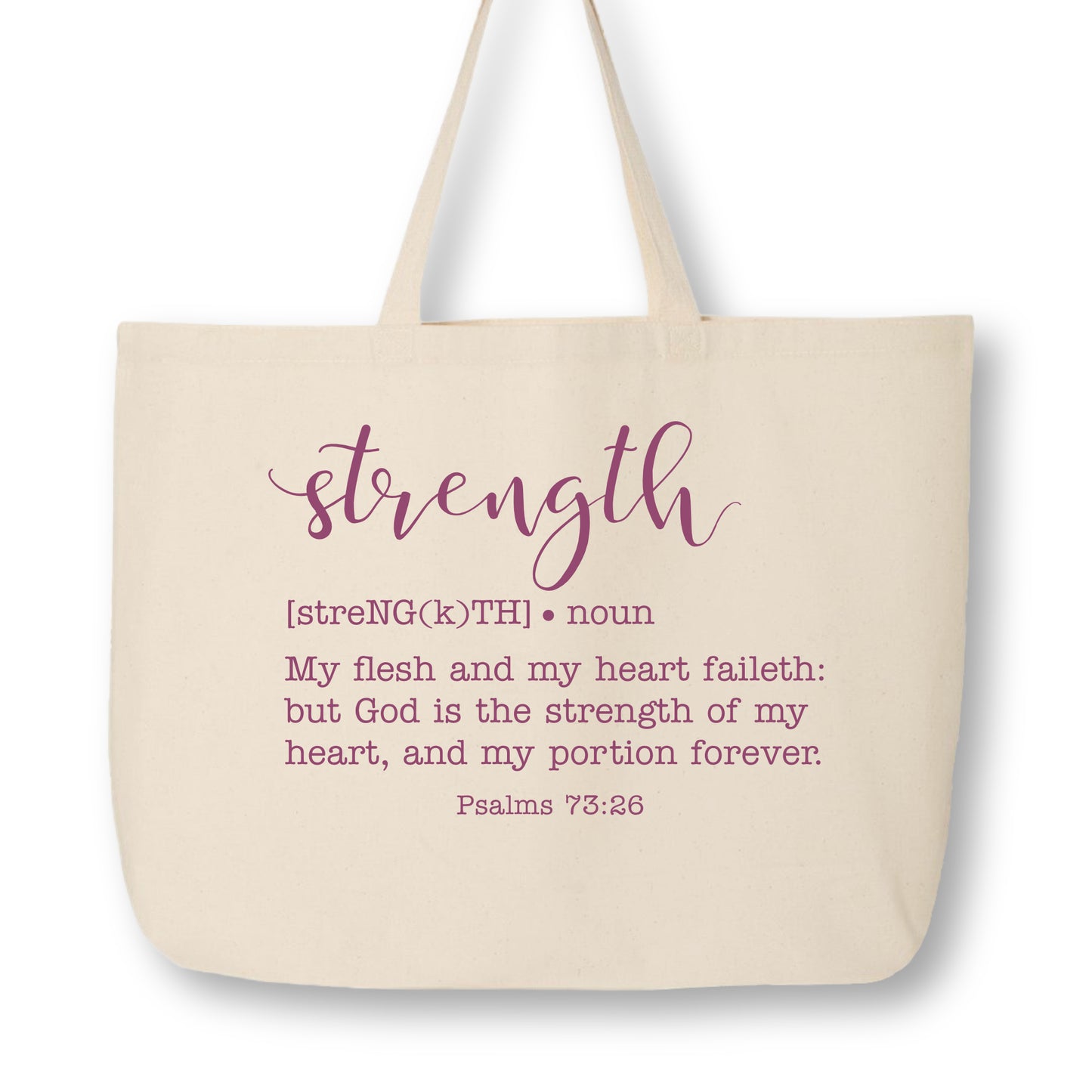 Christian Tote Bag, Bible Verse Psalms, Strength - My flesh and my heart faileth:  but God is the strength of my heart, and my portion forever, Psalms 73:26