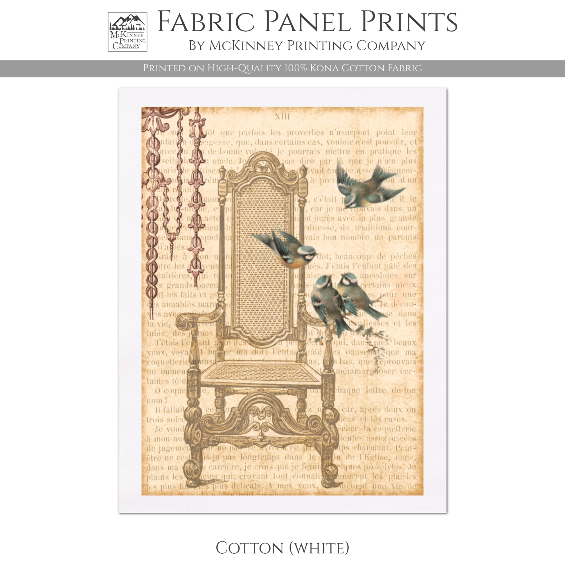 Bird Fabric, French Country, Shabby Chic, Fabric Panel Print - Kona Cotton Fabric, White