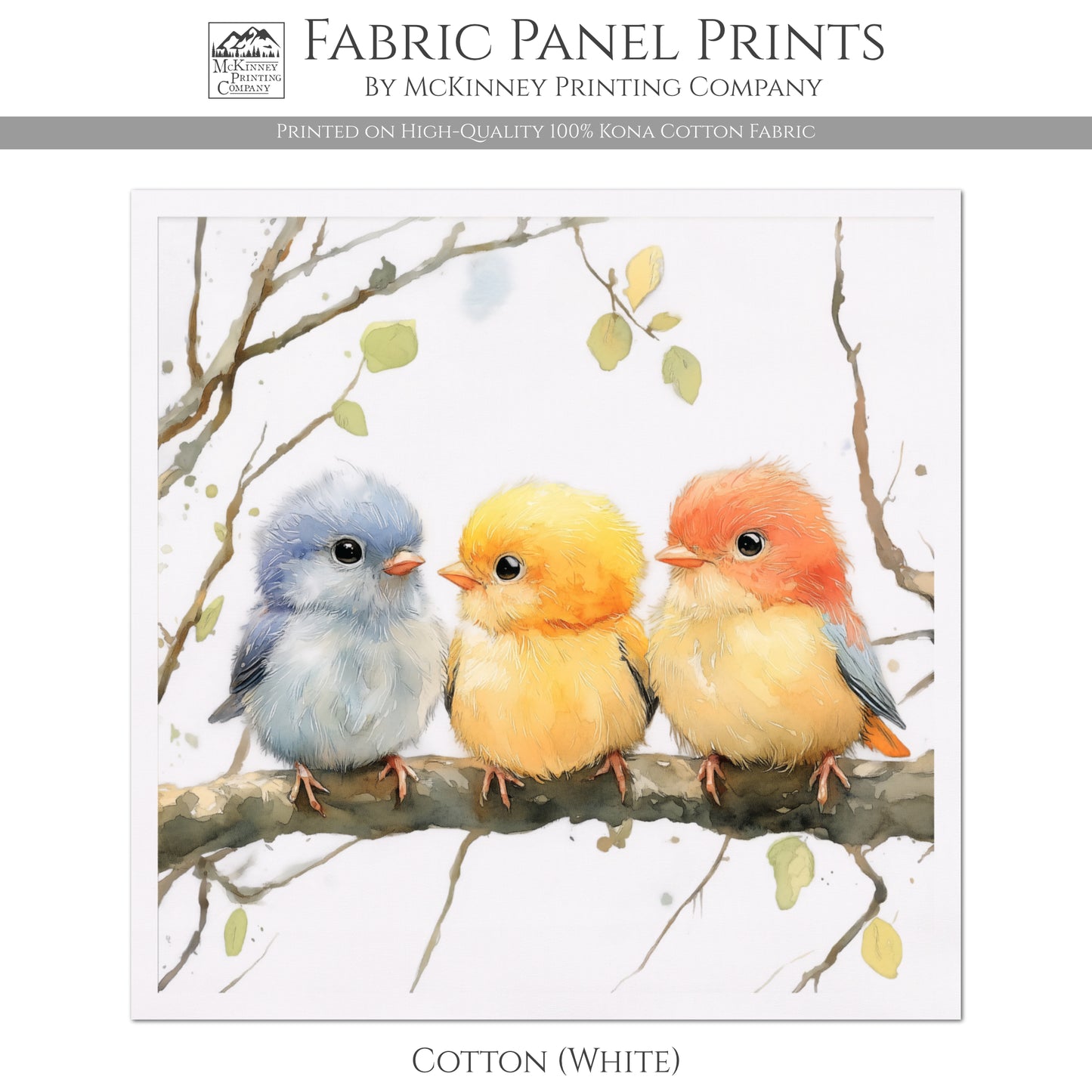 Bird Fabric Panel - Baby Fabric Panels, Canvas, Woodland Animal, Nursery Décor, Quilt Block, Wall Art, Cotton, Quilting