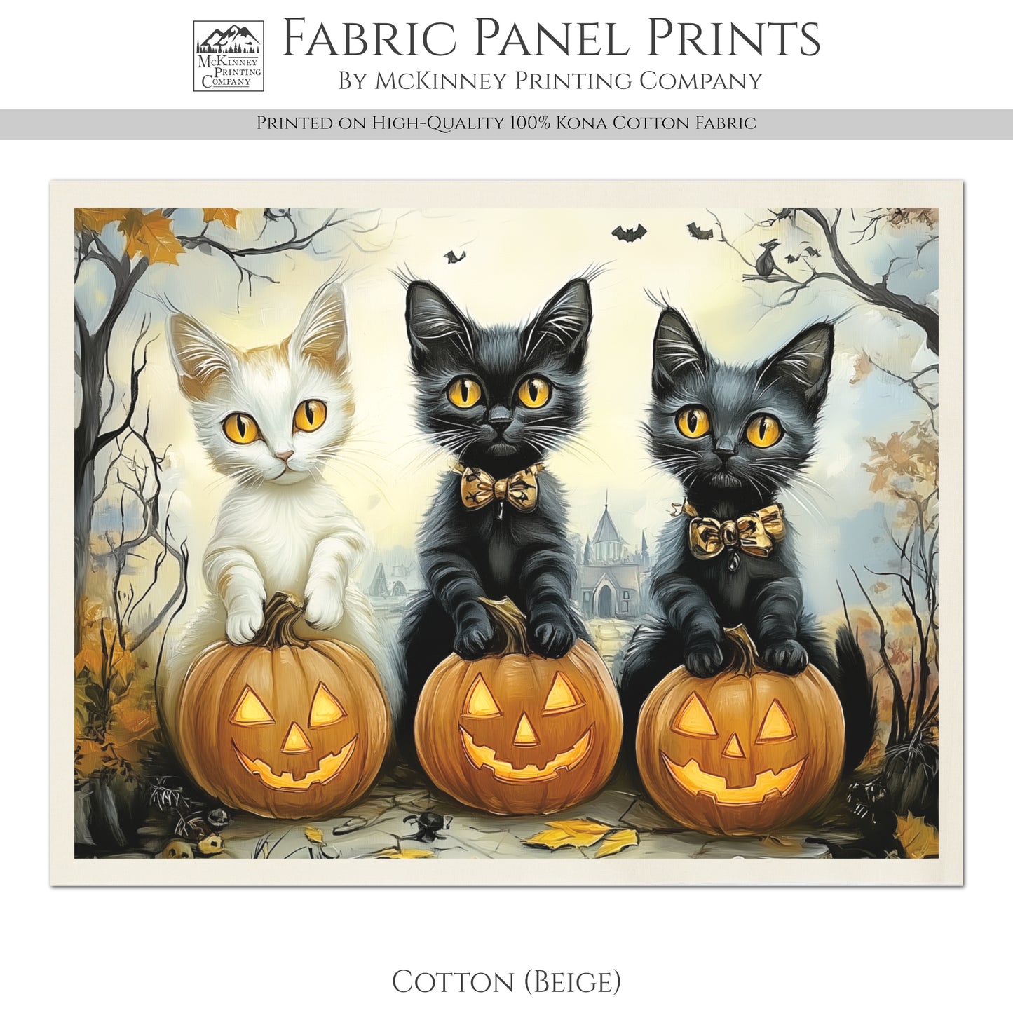 Halloween Fabric - Fall Fabric Panel, Pumpkin, Watercolor, Black Cat Fabric, Cotton, Canvas, Quilt Block, Wall Art