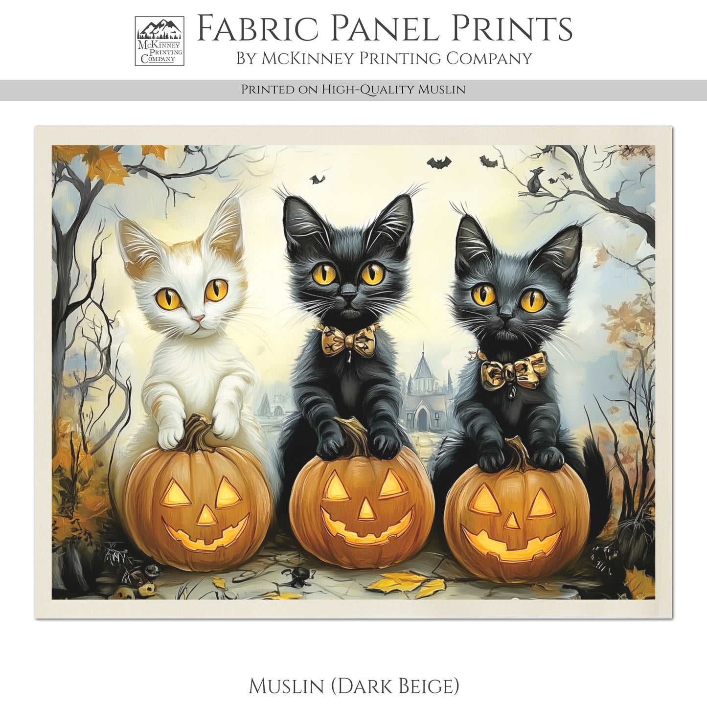 Halloween Fabric - Fall Fabric Panel, Pumpkin, Watercolor, Black Cat Fabric, Cotton, Canvas, Quilt Block, Wall Art