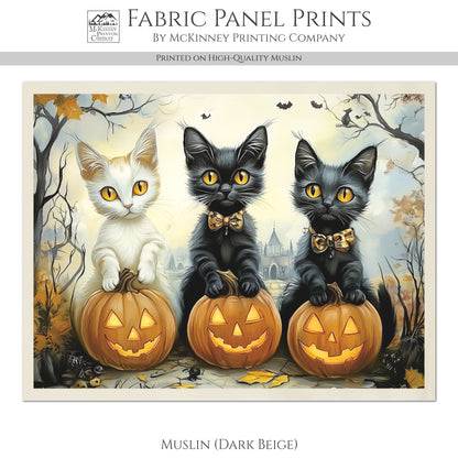 Halloween Fabric - Fall Fabric Panel, Pumpkin, Watercolor, Black Cat Fabric, Cotton, Canvas, Quilt Block, Wall Art