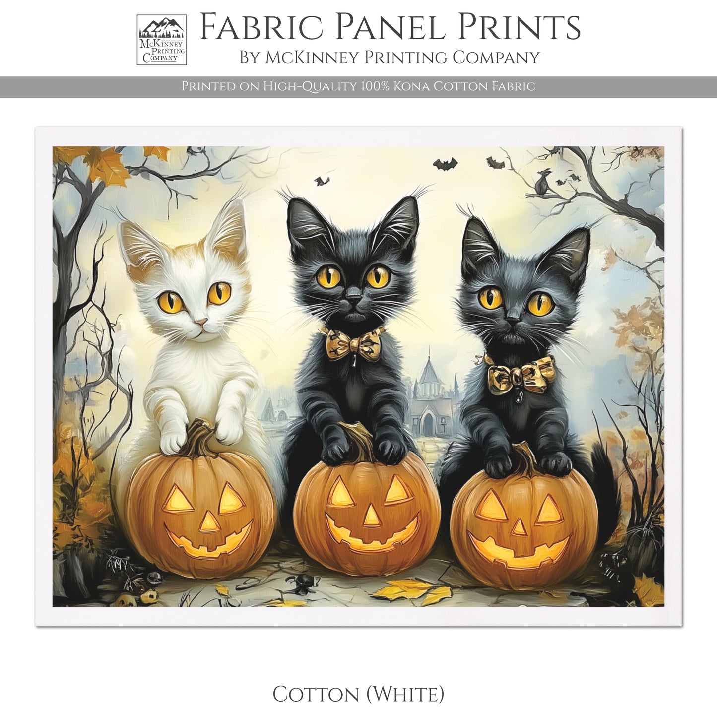 Halloween Fabric - Fall Fabric Panel, Pumpkin, Watercolor, Black Cat Fabric, Cotton, Canvas, Quilt Block, Wall Art