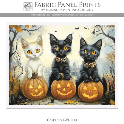 Halloween Fabric - Fall Fabric Panel, Pumpkin, Watercolor, Black Cat Fabric, Cotton, Canvas, Quilt Block, Wall Art