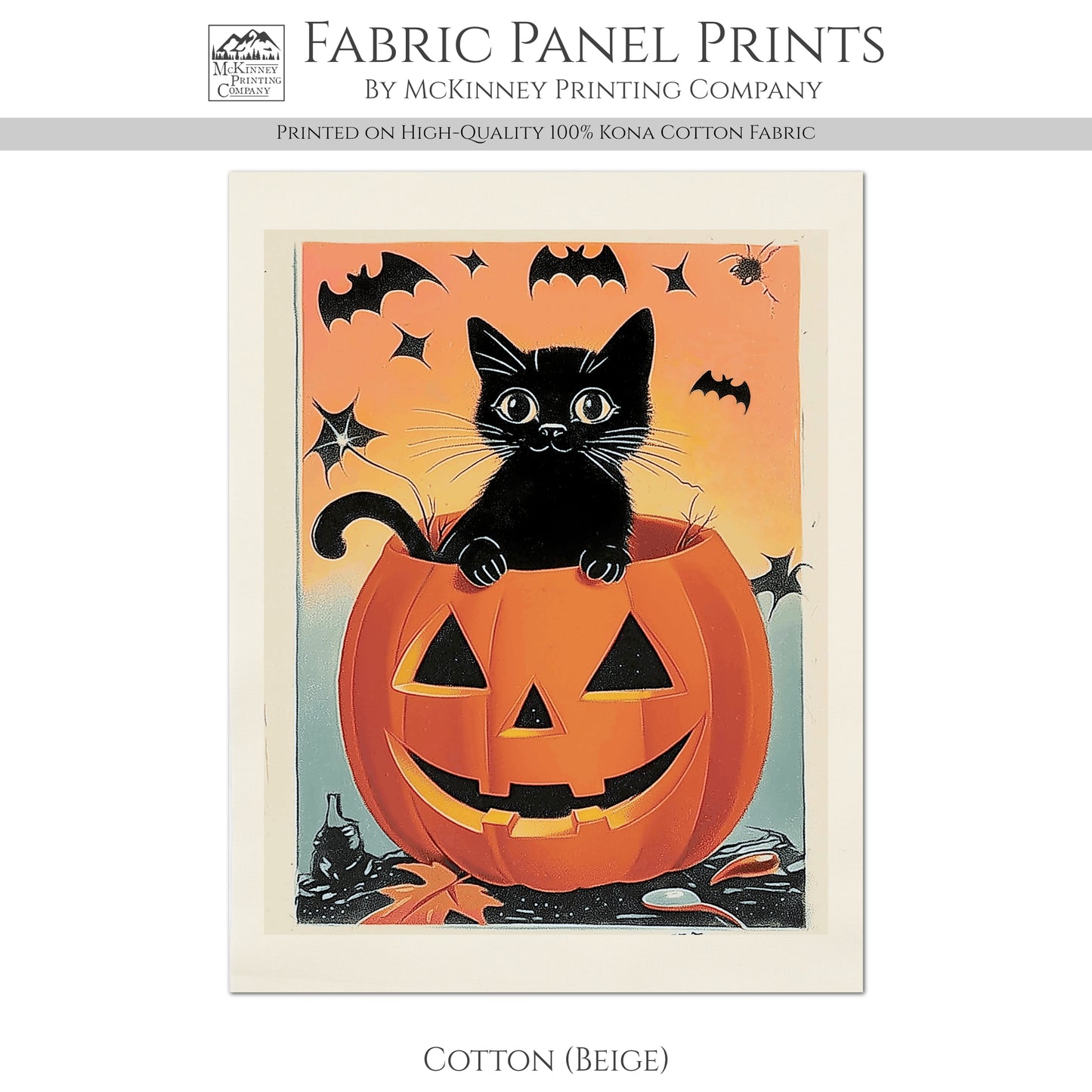 Halloween Fabric Panel - Black Cat, Vintage, Retro, Kitten, Bat, Craft, Pumpkin, Large Print, Block Print, Cotton, Quilting, Quilt
