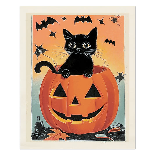 Halloween Fabric Panel - Black Cat, Vintage, Retro, Kitten, Bat, Craft, Pumpkin, Large Print, Block Print, Cotton, Quilting, Quilt