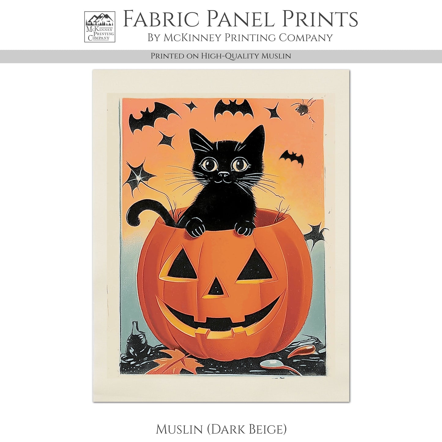 Halloween Fabric Panel - Black Cat, Vintage, Retro, Kitten, Bat, Craft, Pumpkin, Large Print, Block Print, Cotton, Quilting, Quilt