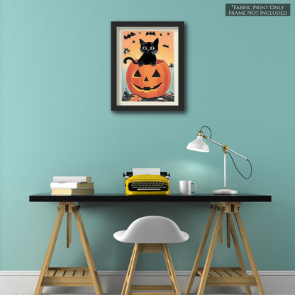 Halloween Fabric Panel - Black Cat, Vintage, Retro, Kitten, Bat, Craft, Pumpkin, Large Print, Block Print, Cotton, Quilting, Quilt
