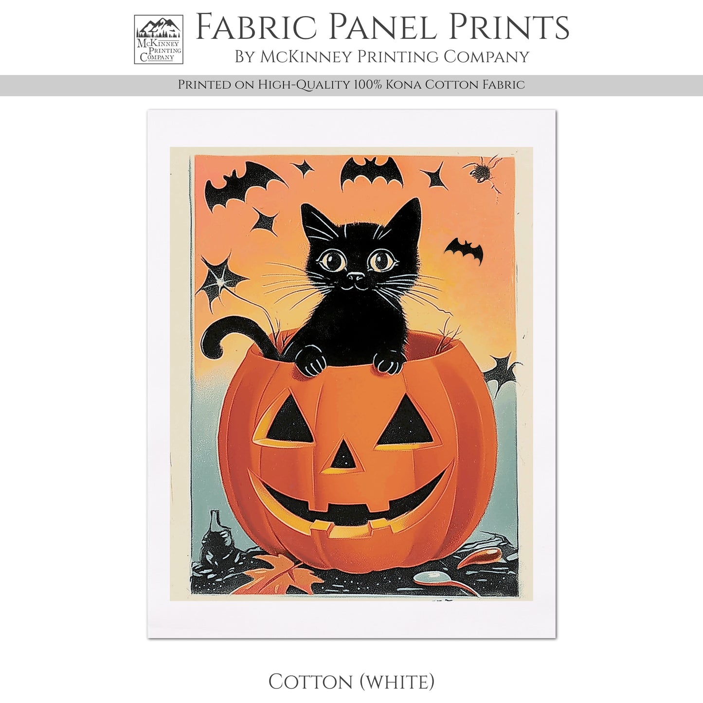 Halloween Fabric Panel - Black Cat, Vintage, Retro, Kitten, Bat, Craft, Pumpkin, Large Print, Block Print, Cotton, Quilting, Quilt