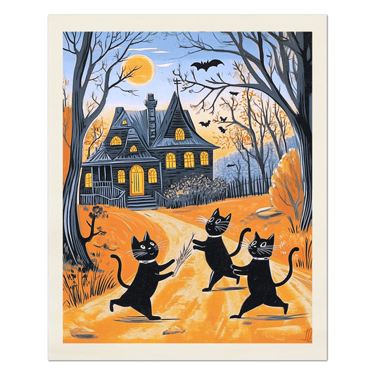 Halloween Fabric Panel, Vintage, Black Cats, Craft, Large Print, Block Print, Cotton, Quilting, Quilt, Sewing