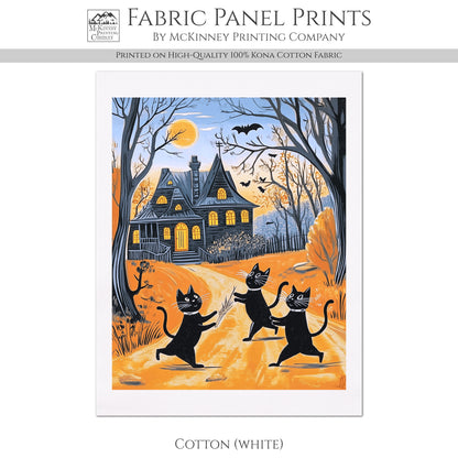 Halloween Fabric Panel, Vintage, Black Cats, Craft, Large Print, Block Print, Cotton, Quilting, Quilt, Sewing