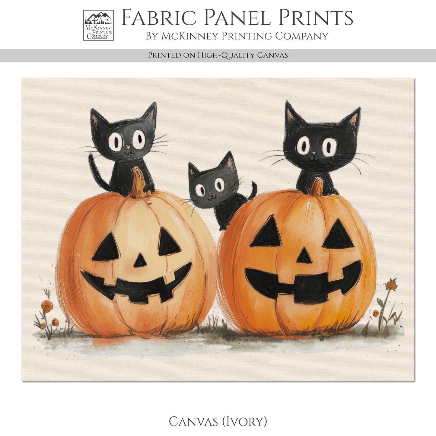 Fall Fabric Panel - Halloween Fabric, Pumpkin, Watercolor, Black Cat, Cotton, Canvas, Quilt Block, Panel, Wall Art