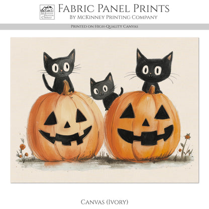 Fall Fabric Panel - Halloween Fabric, Pumpkin, Watercolor, Black Cat, Cotton, Canvas, Quilt Block, Panel, Wall Art