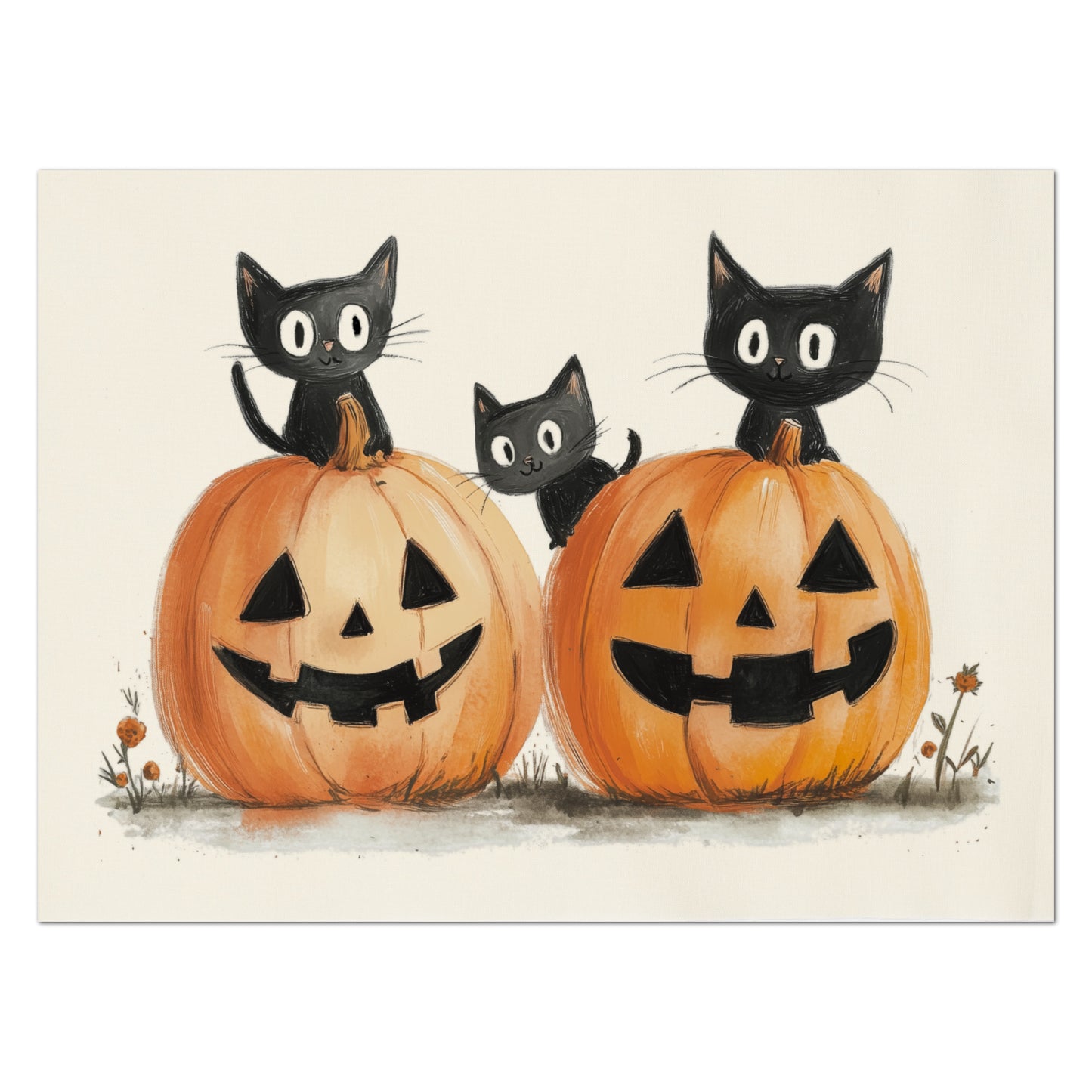 Fall Fabric Panel - Halloween Fabric, Pumpkin, Watercolor, Black Cat, Cotton, Canvas, Quilt Block, Panel, Wall Art
