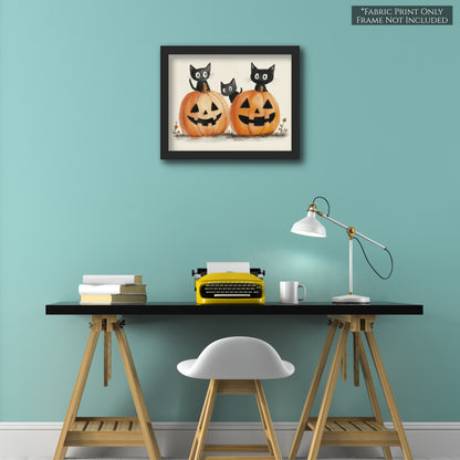 Fall Fabric Panel - Halloween Fabric, Pumpkin, Watercolor, Black Cat, Cotton, Canvas, Quilt Block, Panel, Wall Art