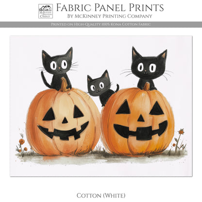 Fall Fabric Panel - Halloween Fabric, Pumpkin, Watercolor, Black Cat, Cotton, Canvas, Quilt Block, Panel, Wall Art